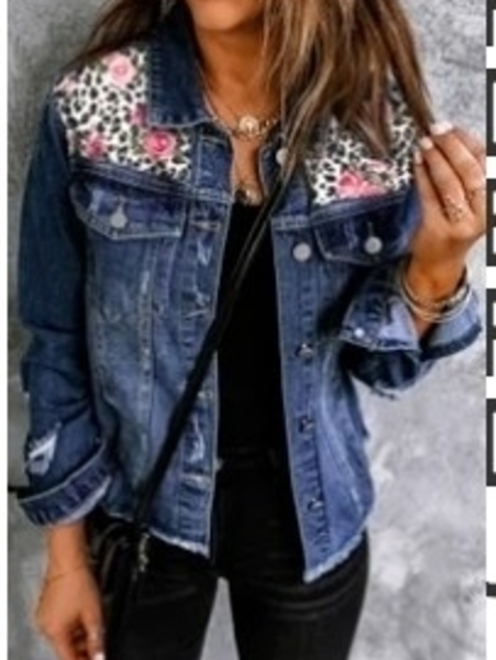 Denim Jacket with Pink Floral & Leopard Yoke